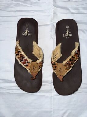 Corkys Brown Flip Flop Sandals with Tan Chevron Straps Size 9